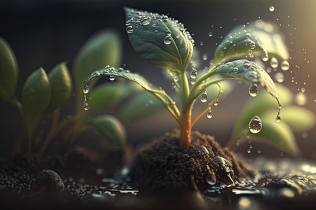 Close up of sowing plants A sprouting plant in a lush, early morning setting, complete with raindrops. Generative AIの素材