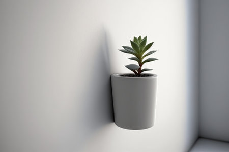 Raise the camera up to see a tiny plant pot against a blank white wall. Generative AIの素材