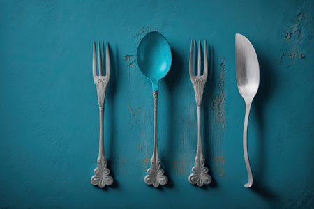 Silverware from the past, displayed vertically against a blue concrete backdrop, with copy space. Generative AIの素材