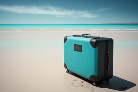 Conceptual Summer Vacation Photo of a Black Suitcase on a Beach with a Turquoise Sea. Generative AIの素材
