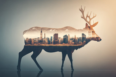 Deer in a Double Exposure with a Cityscape and Building as a Concept for a Natural or Wildlife Preservancy. Generative AIの素材