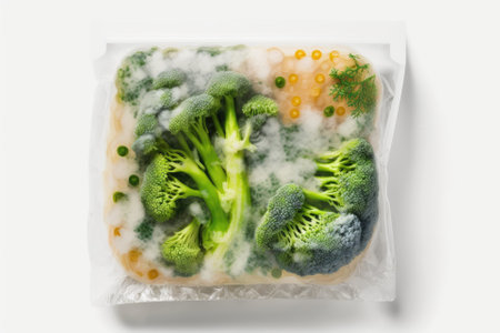Top view of frozen broccoli in a plastic bag, isolated on white. Preserving Vegetables. Generative AIの素材