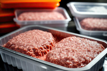 Frozen ground beef is a semifinished product. Meat pies, meatballs, and cutlets in the freezer. Cold meals. Generative AIの素材