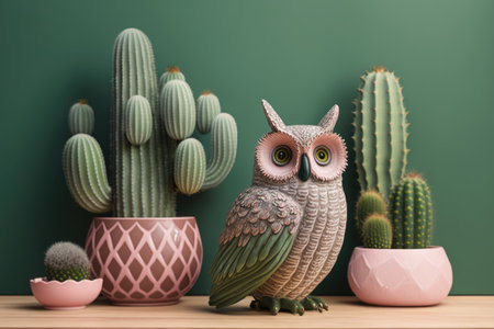 Gorgeous cacti, a wooden shelf, fake owls, and an antique vase are displayed on a wooden table against a pink backgroundの素材