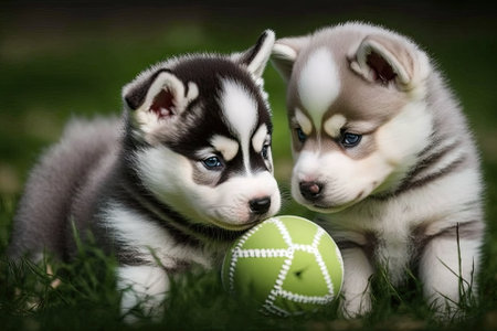 Puppies of gray siberian huskies playing in the park. Generative AIの素材