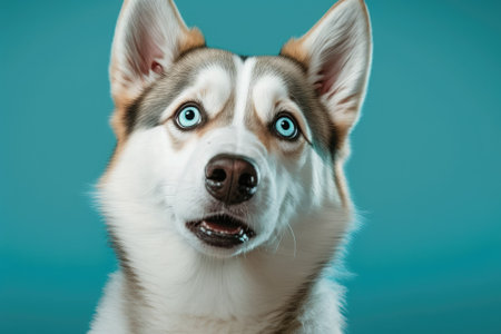 Image of a husky dog looking directly at the camera, its jaws open, on a turquoise blue background. Generative AIの素材