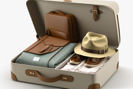 Free standing open suitcase containing casual attire on a white background. Generative AIの素材