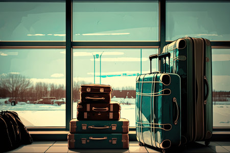 Luggage stacks up by the airport window. Theme of Travel. Generative AIの素材