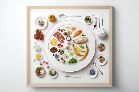 Free food available to all comers. Dishes on a white wooden table, framed, with room for copy. Generative AIの素材