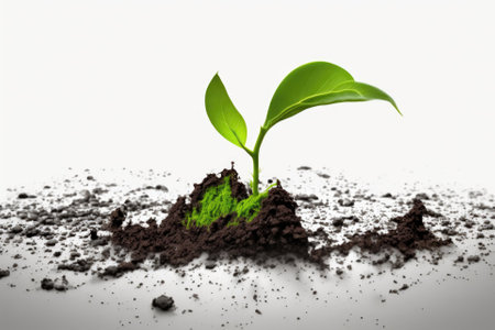 Image of a single green shoot emerging from the dirt, against a white background. Generative AIの素材