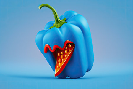 Conceptual food and drink item with a minimum of details. Illustration of a bell pepper in a cartoon style, set on a blue backdrop. Each each component has its own clipping path. Generative AIの素材