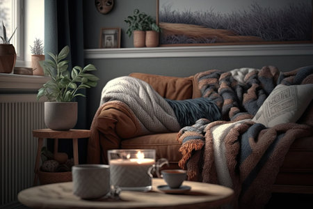Skandia style furniture and decorative accents in a still life. A fur cushioned couch, a cozy sweater, and a cup of coffee. Warm Scandinavian living room during the winter. Generative AIの素材