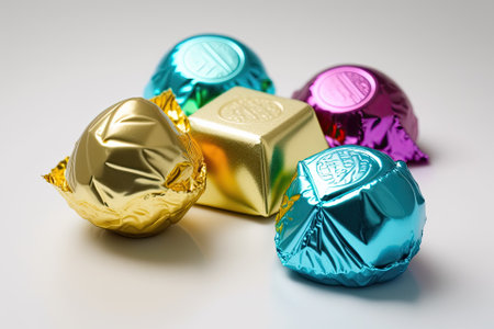 The five candies are in various colors of foil, and they are displayed against a white background. Generative AIの素材