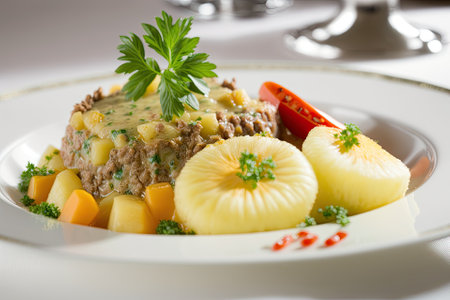 Dish of minced meat and potato dish, narrow depth of field. Generative AIの素材