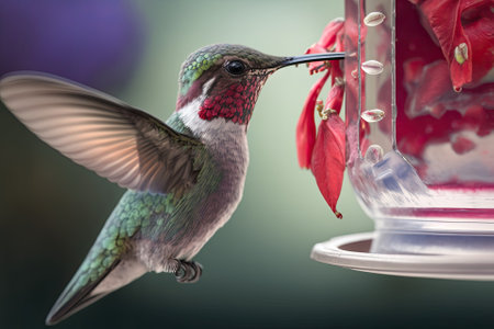 Instead of offering up seeds, hummingbird feeders offer a sugary beverage for the birds to drink. Generative AIの素材
