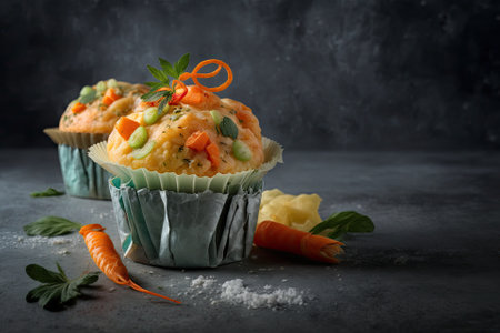 Muffins made of vegetables and prawns, on a neutral gray background. Attentional bias. Generative AIの素材