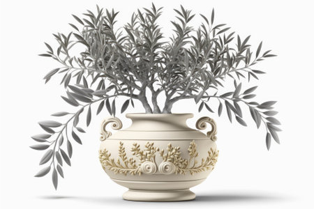 Isolated white background with a young olive tree in a chic porcelain vase. Generative AIの素材