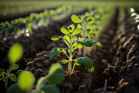 Pea plants are sprouting in a field, growing in neat rows under the warm sunlight. Attentional bias. Generative AIの素材