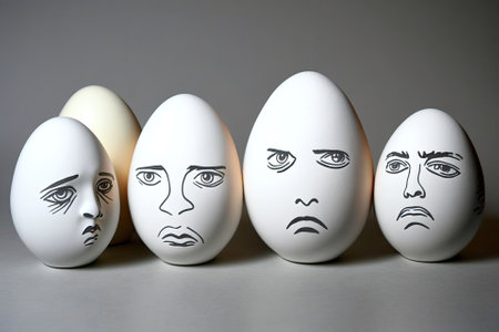 Drawn faces of contemplation and apprehension on eggs, on a white background. Generative AIの素材