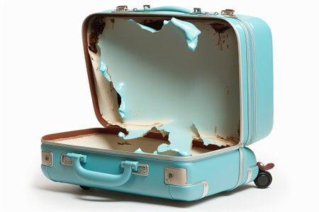 Picture of an empty luggage lying open on a white background. Generative AIの素材
