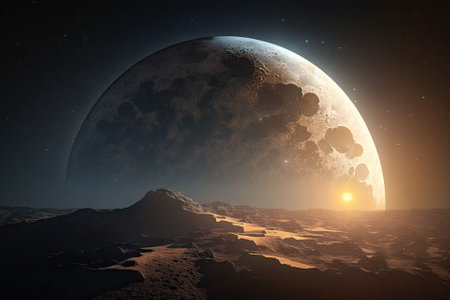 Sunlight streaming onto the moon from Earth at morning. Generative AIの素材