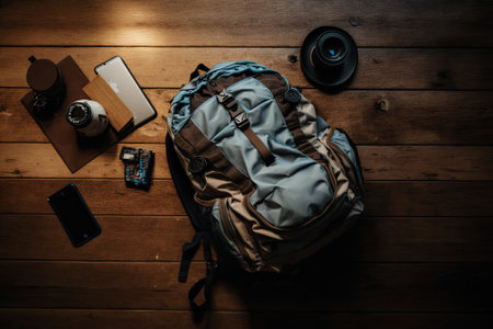 a fully packed bag sitting on a wooden table, from above. Generative AIの素材
