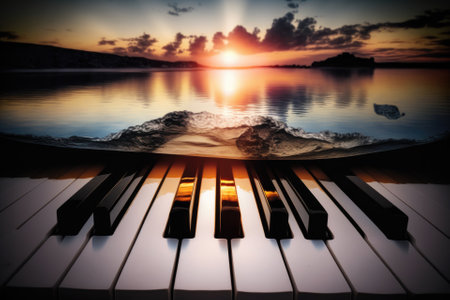 Photographic double exposure of piano keys and a seascape at sunset used as a classical music background. Generative AIの素材