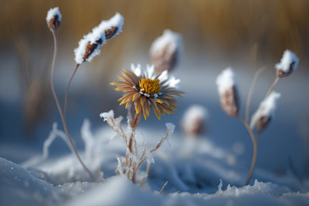 The scenery in the wintertime. Visual representation of winter. Flower in a freeze frame a narrow depth of field. Generative AIの素材