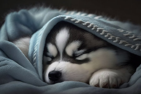 Raise the head of your little husky puppy as he sleeps under the covers at home. Generative AIの素材
