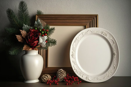 wonderful Christmas still life. Christmas ornaments on a ceramic dish, a white dresser with glasses, a blank photo frame, and a flower vaseの素材