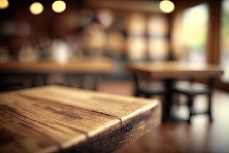 Tabletop is empty wood at cafe with blurred background and selective focus. Useful for creating a photomontage of products. Generative AIの素材