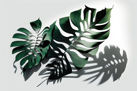 The natural shadow of tropical leaves superimposed on a white background, for use as a seasonal summer overlay in a presentation, backdrop, or mockup. Generative AIの素材