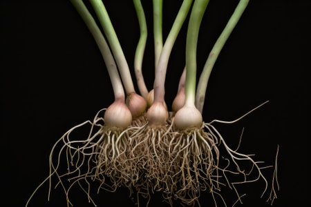 Sprouting onion bulbs, or sibies, on a scallion stem. The dense bulb of the allium cepa plant is a staple of organic gardening, from which tender shoots and leaves emerge. Generative AIの素材