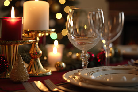 There are no guests at this Christmas dinner, which is captured in close up. Dinnerware, wine goblets, and candles on a table for four. Generative AIの素材