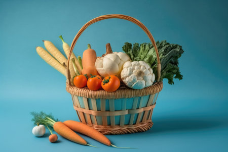 Vegetables in a wicker basket on a blue background, with copy space Vegetables in wicker basket on a blue background with copy space. Generative AIの素材