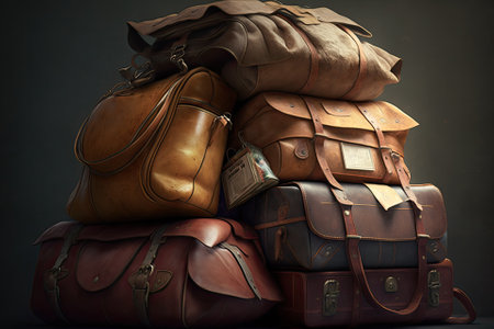 Stacks of old, worn leather travel bags. Generative AIの素材