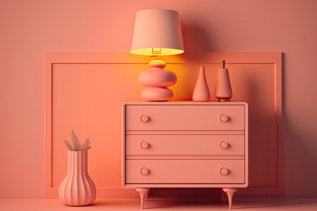 pinkish-orange background and monochrome nightstandの素材