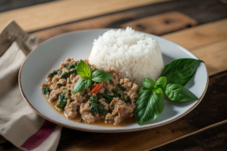 minced pork and basil cooked together and served over jasmine rice. well known Thai food sold on the street. Generative AIの素材