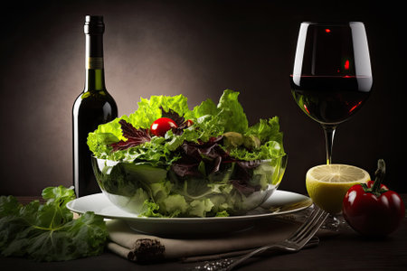 The red wine and salad combo. Generative AIの素材