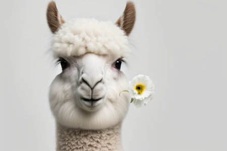 White alpaca portrait with a flower in its mouth, blurred out against a white background. Generative AIの素材