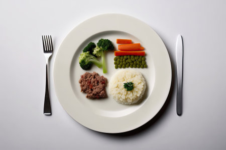 the minced beef, vegetables, and white plate from above. Generative AIの素材