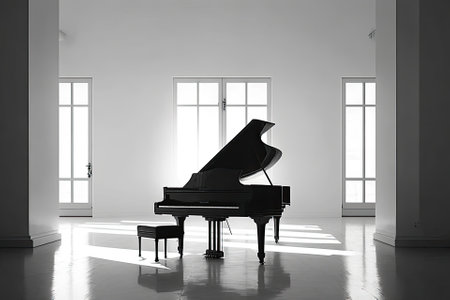 White background with a solitary grand piano. Generative AIの素材