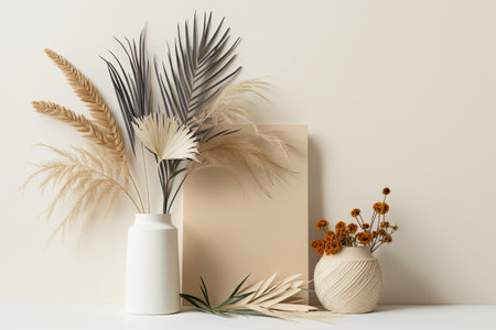 white wall with beige flowers and paper palm treesの素材