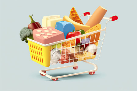 grocery basket clipart as an illustration. Cartoon style, isolated backdrop illustration of a grocery cart stocked with milk, veggies, bread, eggs, sausage, and cheese. Generative AIの素材