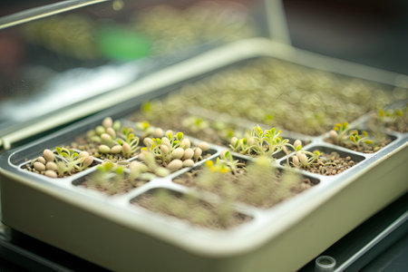 a seedling tray full of sprouting seeds. Lots of sprouting seeds in a germination tray, seen in fine detail at a shallow depth of field. Generative AIの素材