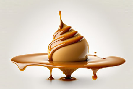 a single caramel sweet, floating in a pool of caramel sauce, against a white background. Generative AIの素材