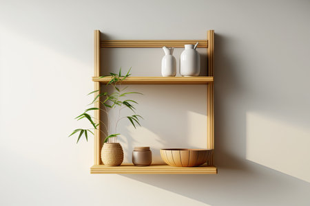 Empty bamboo shelf against white wallの素材