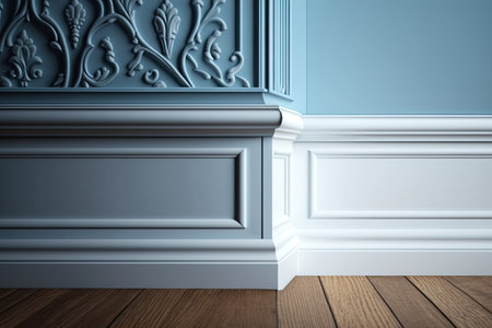 Close-up of empty wall with wooden molding and wallpaper decoration with copy spaceの素材