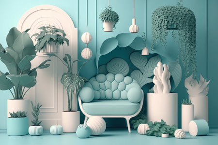 Imaginative decor in a plant filled studio. Background is a soft pastel blue and white. for use in a document, slideshow, or photo album. Generative AIの素材