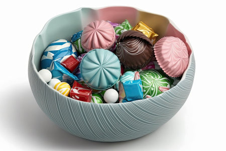 Candies in a bowl with different colored wrappers and a white background. Generative AIの素材